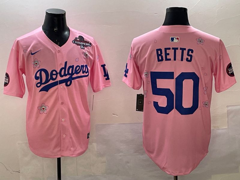 Men Los Angeles Dodgers 50 Betts Pink Sakura Edition 2025 Nike MLB Jersey style 3